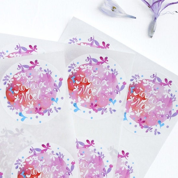 Ensemble de 12 étiquettes autocollantes Joyeux Noël fleur aquarelle rose