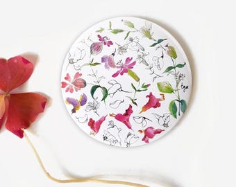 Miroir de poche botanique fleur aquarelle aux couleurs pastels, Petit cadeau pour elle