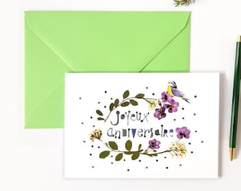 Carte Joyeux Anniversaire fleur herbier et mésange bleue poétique, Carte de voeux nature et botanique