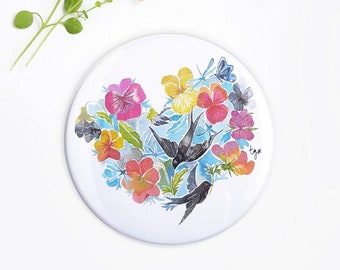 Miroir de poche botanique coeur fleur hirondelle aquarelle colorée, Petit cadeau fleuri pour elle