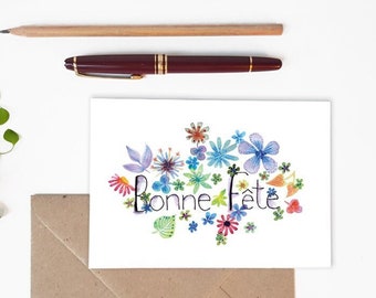 Carte de voeux Bonne Fête botanique fleur aquarelle, Papeterie française