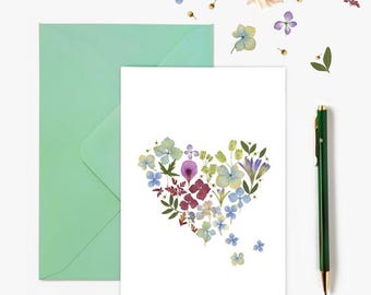 Carte de voeux illustrée coeur botanique fleur herbier avec enveloppe, Carte coeur romantique