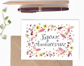Carte Joyeux Anniversaire herbier aux fleurs et pétales roses et jaunes pastels, Carte célébrations