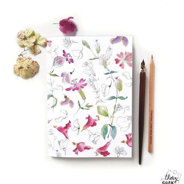 Cahier fleur glycine botanique aquarelle A5, Carnet floral illustration papeterie colorée