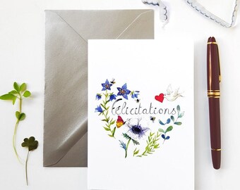 Carte Félicitations coeur floral et nature botanique aquarelle avec enveloppe