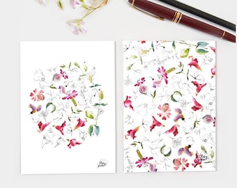 Ensemble de 2 cartes postales fleur botanique aquarelle aux tons pastels, Carte de voeux, Carte anniversaire