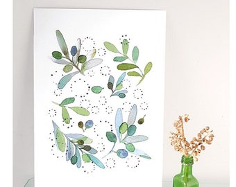 Botanical green olive watercolor illustration print, Fine kitchen art print