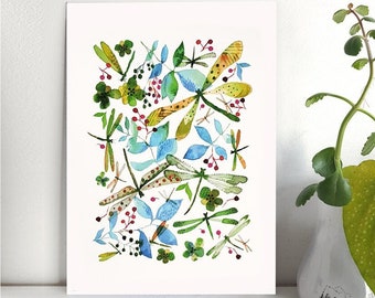 Affiche botanique libellule multicolore aquarelle format A4