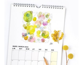 Calendrier mural 2024 illustration fleur nature aquarelle poétique