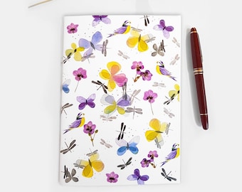 Cahier ligné illustré papillon libellule fleur et oiseau aquarelle A5, Papeterie poétique et colorée pour elle