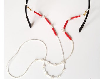 Chaîne de lunettes perles de verre tube rouge et blanches, Paillettes vintage, Collier chaîne fait main, Cadeau pour elle