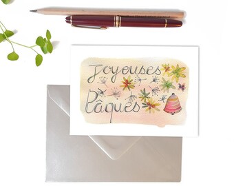 Happy Easter greetings card with watercolor flowers and bell illustration, Romantic stationery in pastel tones