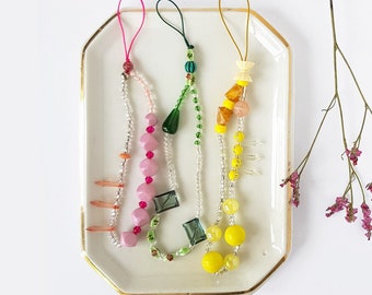 Cordon de téléphone aux perles multicolores vintage, Accessoire bijou portable, Bijou original et unique