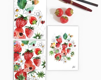 Cartes postales illustrations fraises aquarelle et dessin de feuilles, fleurs et fruits, Ensemble de cartes illustrées, Cartes décor cuisine