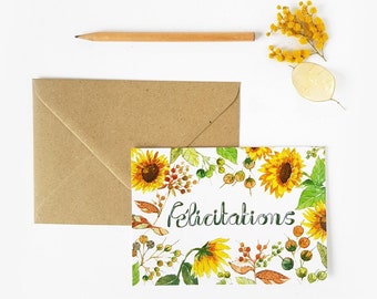 Carte Félicitations botanique fleur et feuillage tournesol aquarelle, Papeterie illustrée, Carte de voeux florale colorée