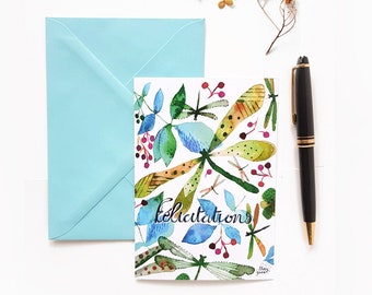 Congratulations dragonfly botanical watercolor postcard with envelope, Wedding congratulations, Congratulations baby card