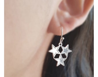 Boucles d'oreille pendantes bouquet d'étoiles plaqué argent fin 1000, Boucles d'oreille simples fines et poétiques, Cadeau pour elle