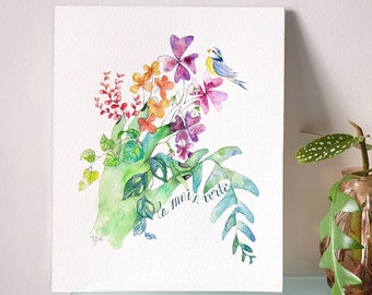 Original botanical watercolor painting To have green thumbs, Hand Painted Illustration, Plant and nature lover gift, Unique original art