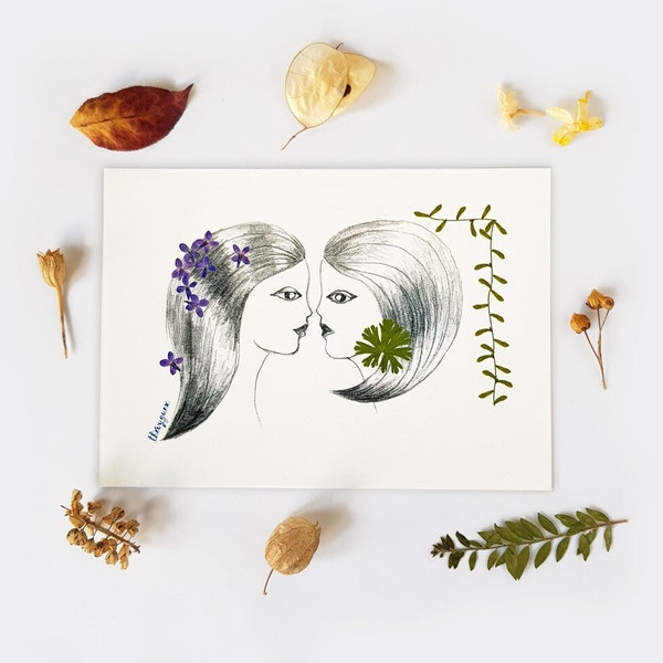 Illustration dessin portrait de jeunes filles en noir et blanc d'inspiration botanique fleur et feuille herbier, Cadeau pour elle