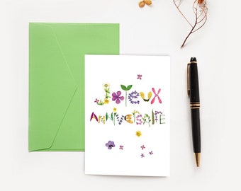 Carte Joyeux Anniversaire botanique fleur herbier, Papeterie florale, Carte de voeux fleur colorée, Livraison gratuite