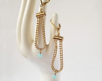 Gold dangle chain earrings and amazonite natural pearl, Dainty jewelry for her
