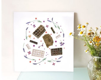 Botanical chocolate bar watercolor kitchen wall art print, Easter chocolate art