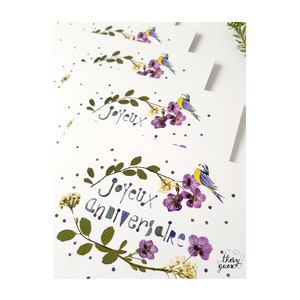 Carte Joyeux Anniversaire fleur herbier et mésange bleue poétique, Carte de voeux nature et botanique image 3