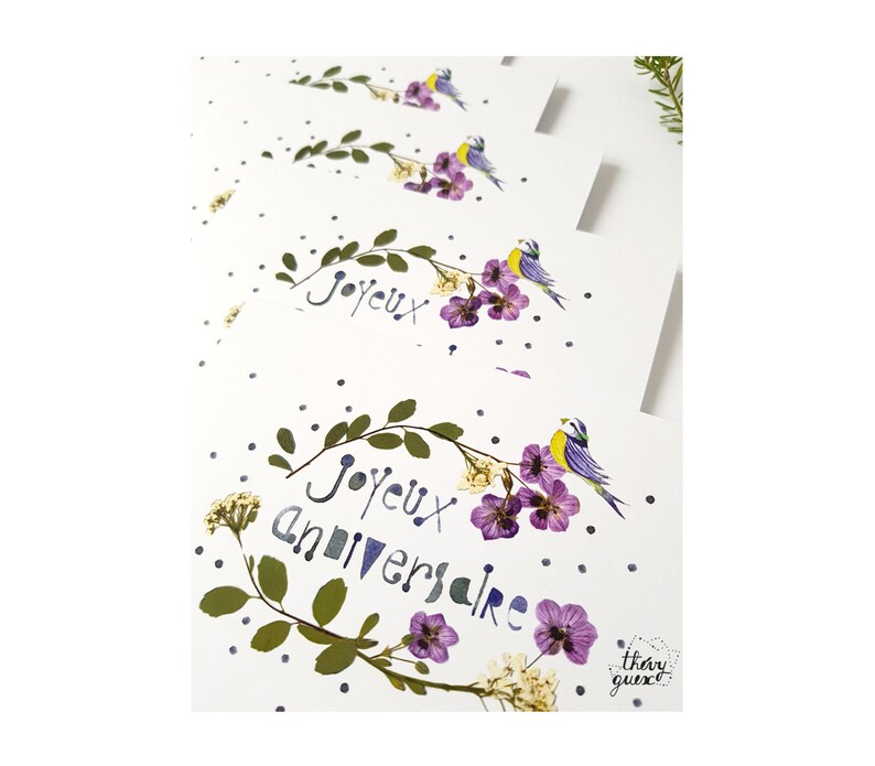 Carte Joyeux Anniversaire fleur herbier et mésange bleue poétique, Carte de voeux nature et botanique image 3