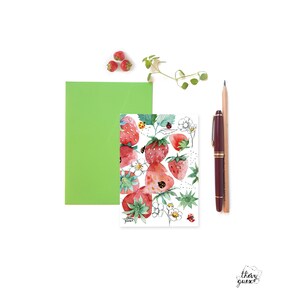 Cartes postales illustrations fraises aquarelle et dessin de feuilles, fleurs et fruits, Ensemble de cartes illustrées, Cartes décor cuisine image 6
