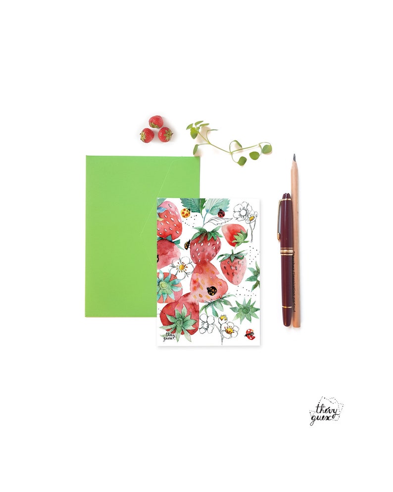 Cartes postales illustrations fraises aquarelle et dessin de feuilles, fleurs et fruits, Ensemble de cartes illustrées, Cartes décor cuisine image 6