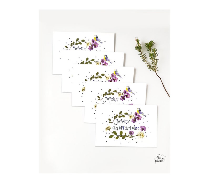 Carte Joyeux Anniversaire fleur herbier et mésange bleue poétique, Carte de voeux nature et botanique image 4
