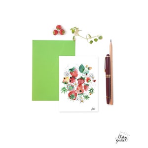 Cartes postales illustrations fraises aquarelle et dessin de feuilles, fleurs et fruits, Ensemble de cartes illustrées, Cartes décor cuisine image 4