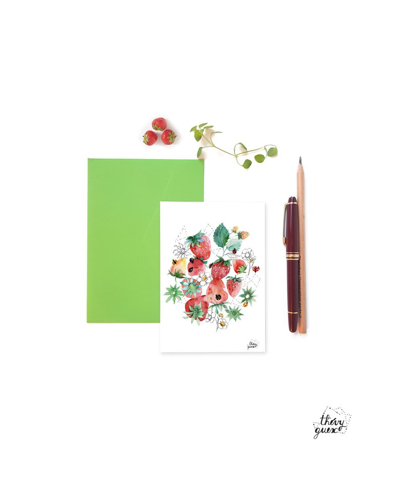 Cartes postales illustrations fraises aquarelle et dessin de feuilles, fleurs et fruits, Ensemble de cartes illustrées, Cartes décor cuisine image 4