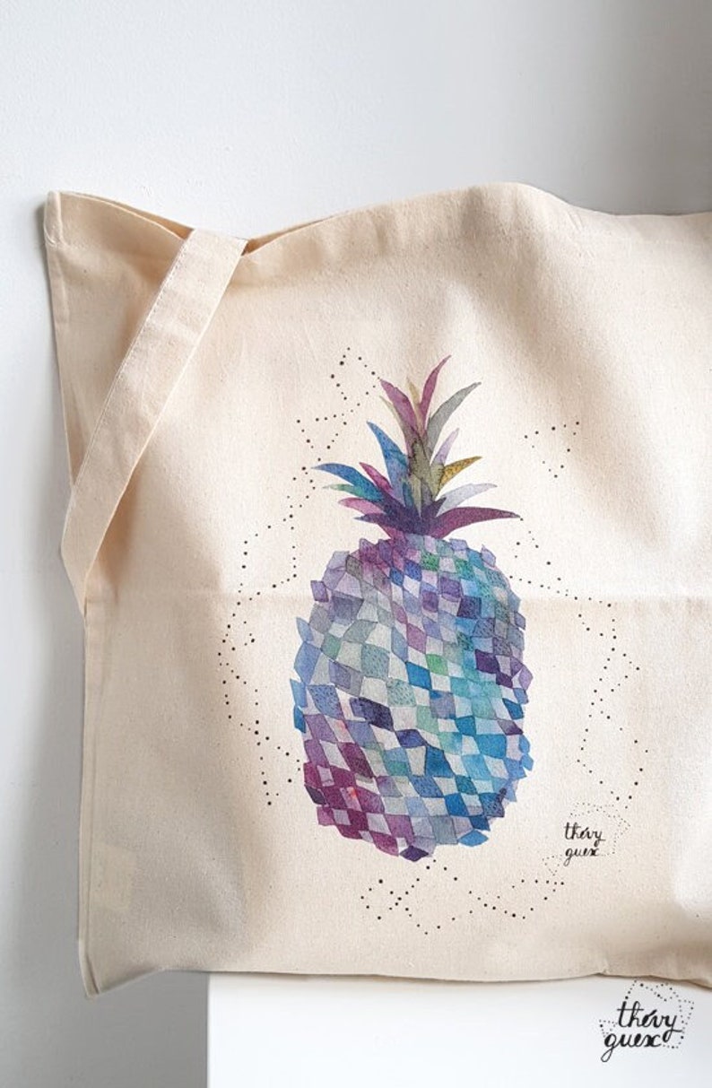 Watercolor blue pineapple tote bag printed on organic cotton image 3