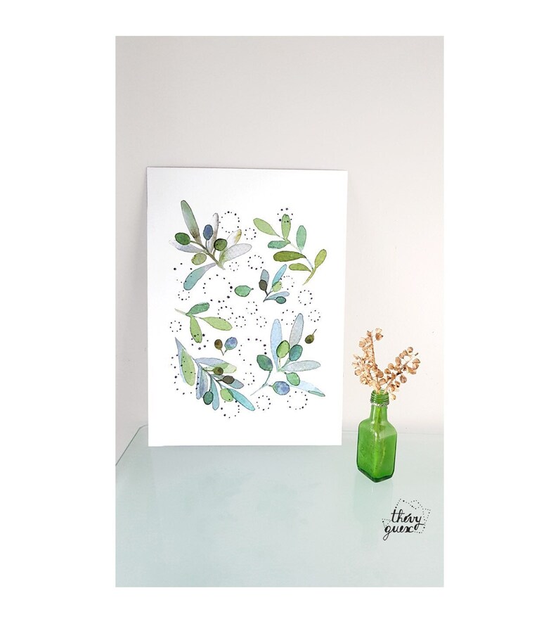 Illustration olive vert aquarelle affiche poétique végétale botanique, Décoration cuisine image 1