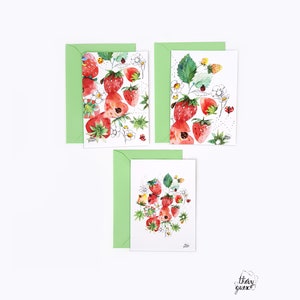 Cartes postales illustrations fraises aquarelle et dessin de feuilles, fleurs et fruits, Ensemble de cartes illustrées, Cartes décor cuisine 3 cartes+enveloppes