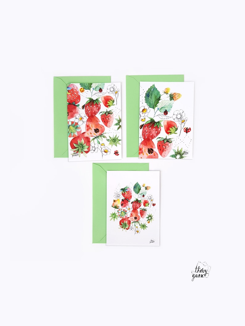 Cartes postales illustrations fraises aquarelle et dessin de feuilles, fleurs et fruits, Ensemble de cartes illustrées, Cartes décor cuisine 3 cartes+enveloppes
