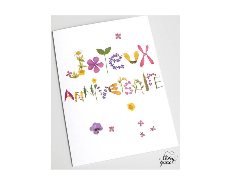 Carte Joyeux Anniversaire botanique fleur herbier, Papeterie florale, Carte de voeux fleur colorée, Livraison gratuite image 2