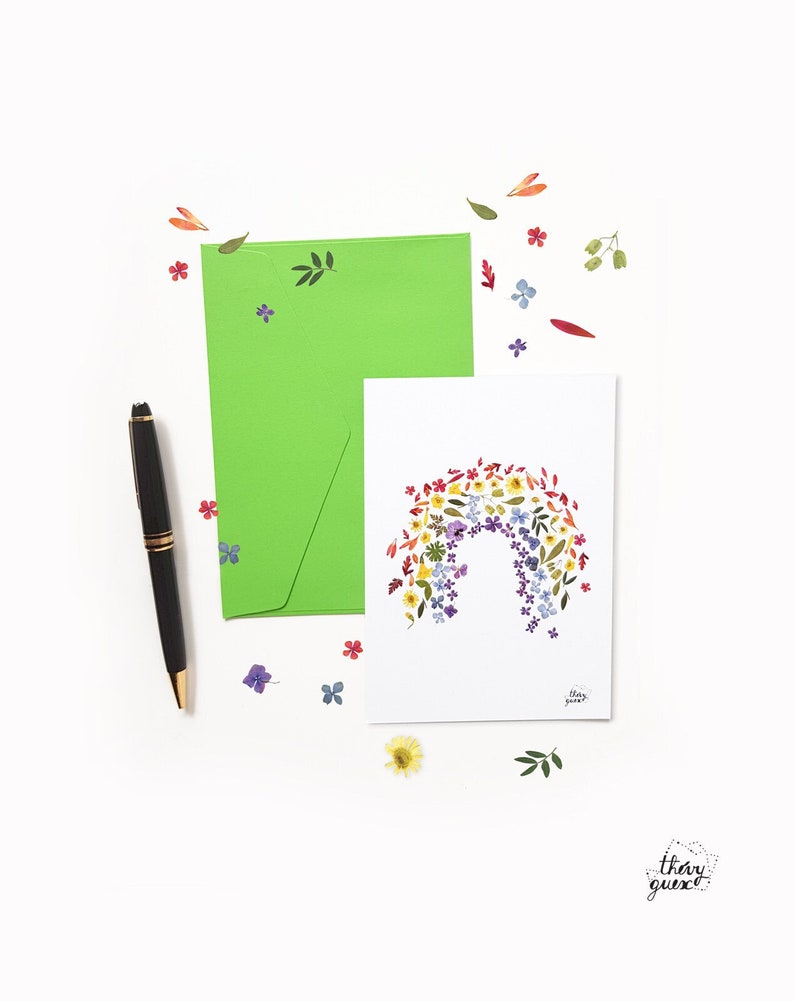 Carte postale arc en ciel impression fleurs séchées multicolores, Fête des Mères, Carte amitié, Carte faire part image 1