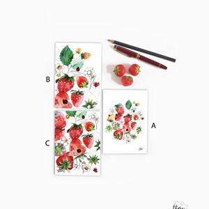 Cartes postales illustrations fraises aquarelle et dessin de feuilles, fleurs et fruits, Ensemble de cartes illustrées, Cartes décor cuisine 3 cartes sans envel