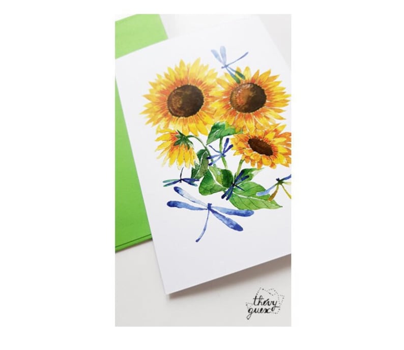 Sunflower and dragonfly watercolor postcard, Cute floral birthday greetings card image 2