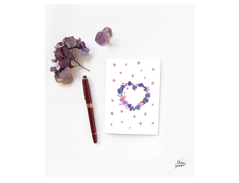 Carte fleur coeur botanique Je t'aime avec enveloppe, Carte de voeux anniversaire, Jolie papeterie fleur séchée image 1