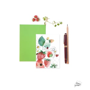 Cartes postales illustrations fraises aquarelle et dessin de feuilles, fleurs et fruits, Ensemble de cartes illustrées, Cartes décor cuisine image 5