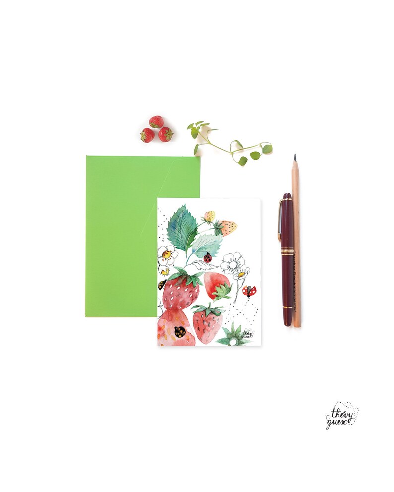 Cartes postales illustrations fraises aquarelle et dessin de feuilles, fleurs et fruits, Ensemble de cartes illustrées, Cartes décor cuisine image 5
