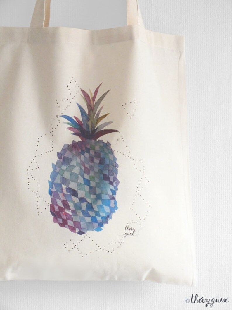 Watercolor blue pineapple tote bag printed on organic cotton image 2