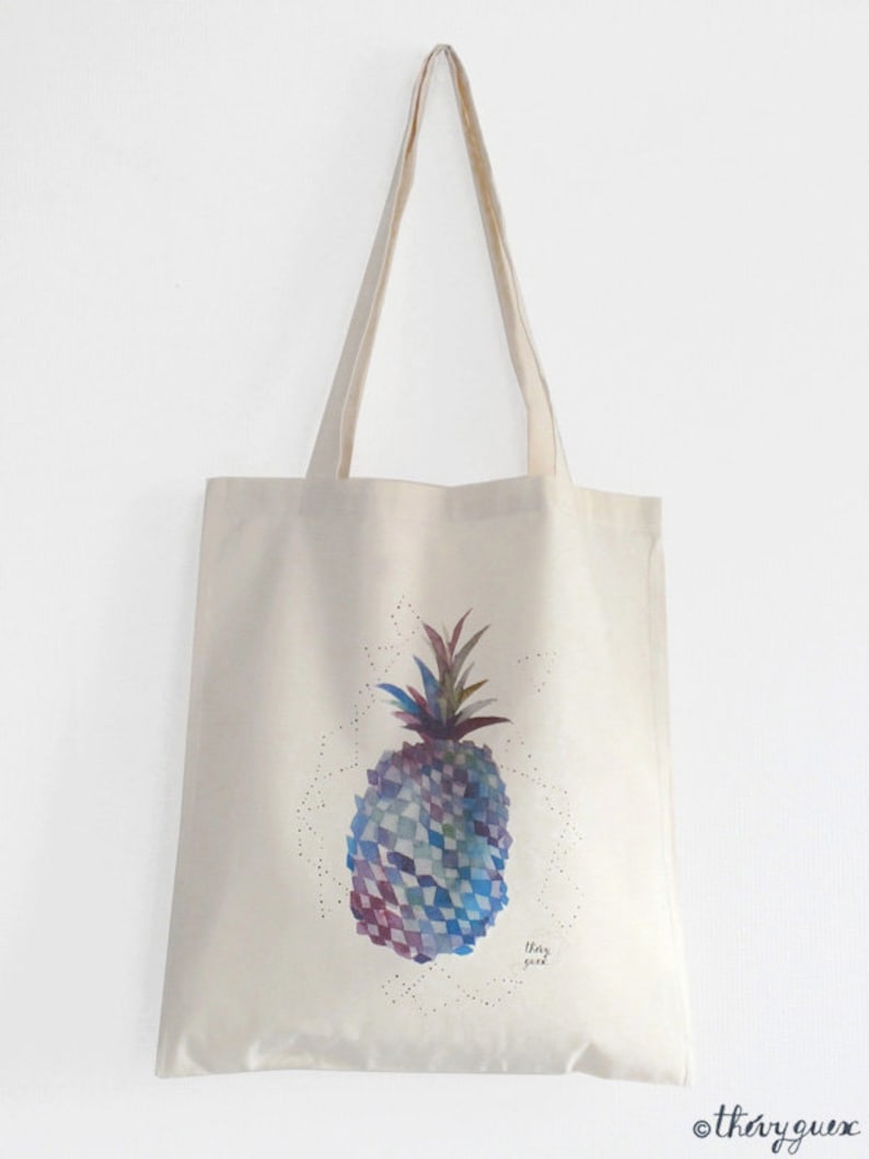 Watercolor blue pineapple tote bag printed on organic cotton image 1