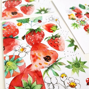 Cartes postales illustrations fraises aquarelle et dessin de feuilles, fleurs et fruits, Ensemble de cartes illustrées, Cartes décor cuisine image 2