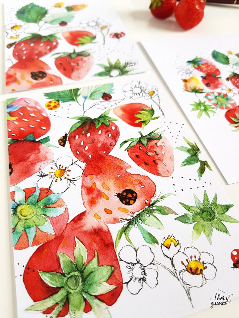 Cartes postales illustrations fraises aquarelle et dessin de feuilles, fleurs et fruits, Ensemble de cartes illustrées, Cartes décor cuisine image 2
