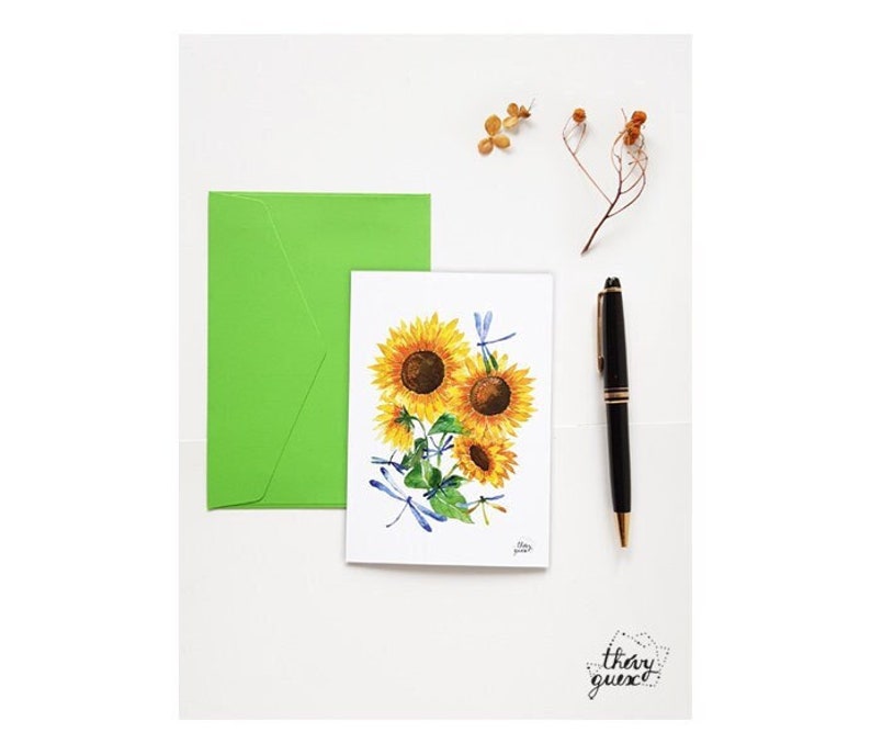 Carte postale tournesol et libellule aquarelle, Carte anniversaire fleur nature image 1