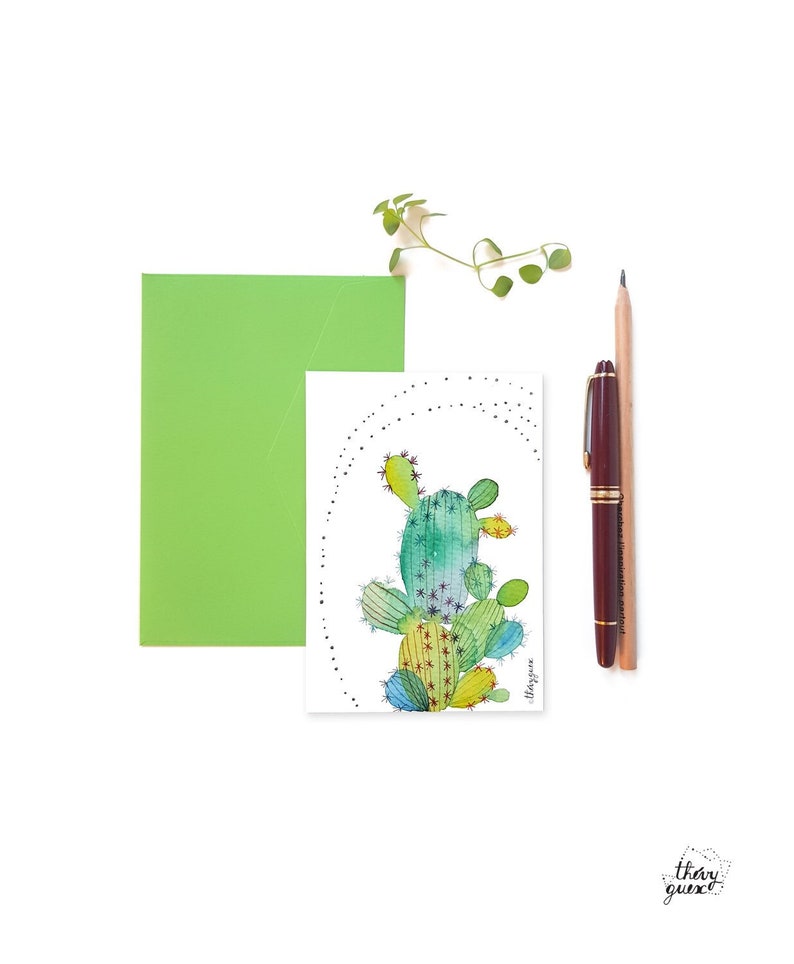 Green cactus watercolor illustrated postcard with envelope, Cute green cactus greetings card image 1